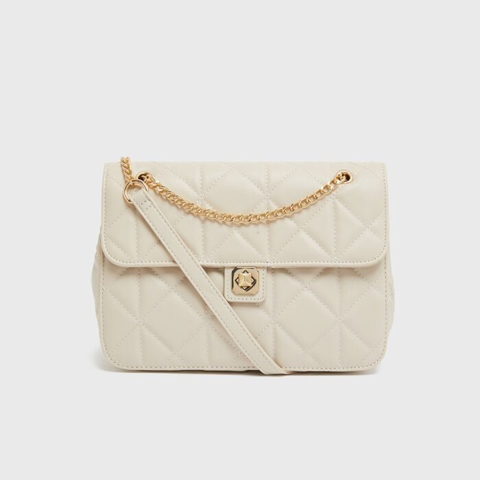 Cream Quilted Twist Lock Cross Body Bag