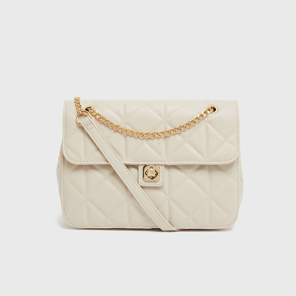 Cream Quilted Twist Lock Cross Body Bag