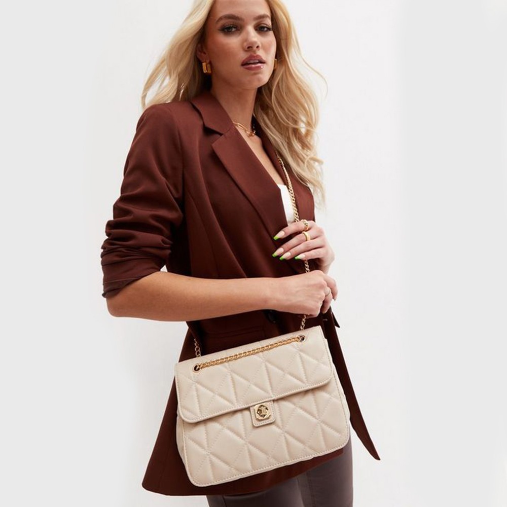 Cream Quilted Twist Lock Cross Body Bag - Image 2