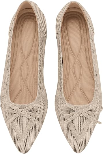 TINGRISE Women's Flats Pointed Toe Bow Knit Ballet Shoes Comfortable Dressy Mesh Slip On Flat