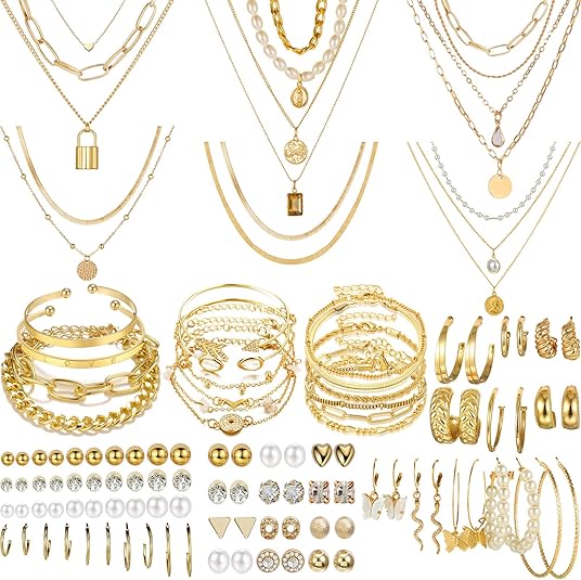 69 Pieces Gold Jewelry Set for Women Fashion Costume Jewelry Gold Plated Necklace Bracelet Earrings Set for Women